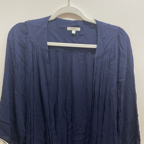 Jodifl Navy Cream Fringe Embroidered Boho 100% Rayon Wrap Sweater Cardigan Sz S - Picture 3 of 12